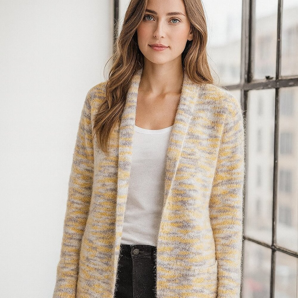 Ann Taylor Loft Women S Yellow/Gray Open Front Alpaca Eyelash Academia Cardigan